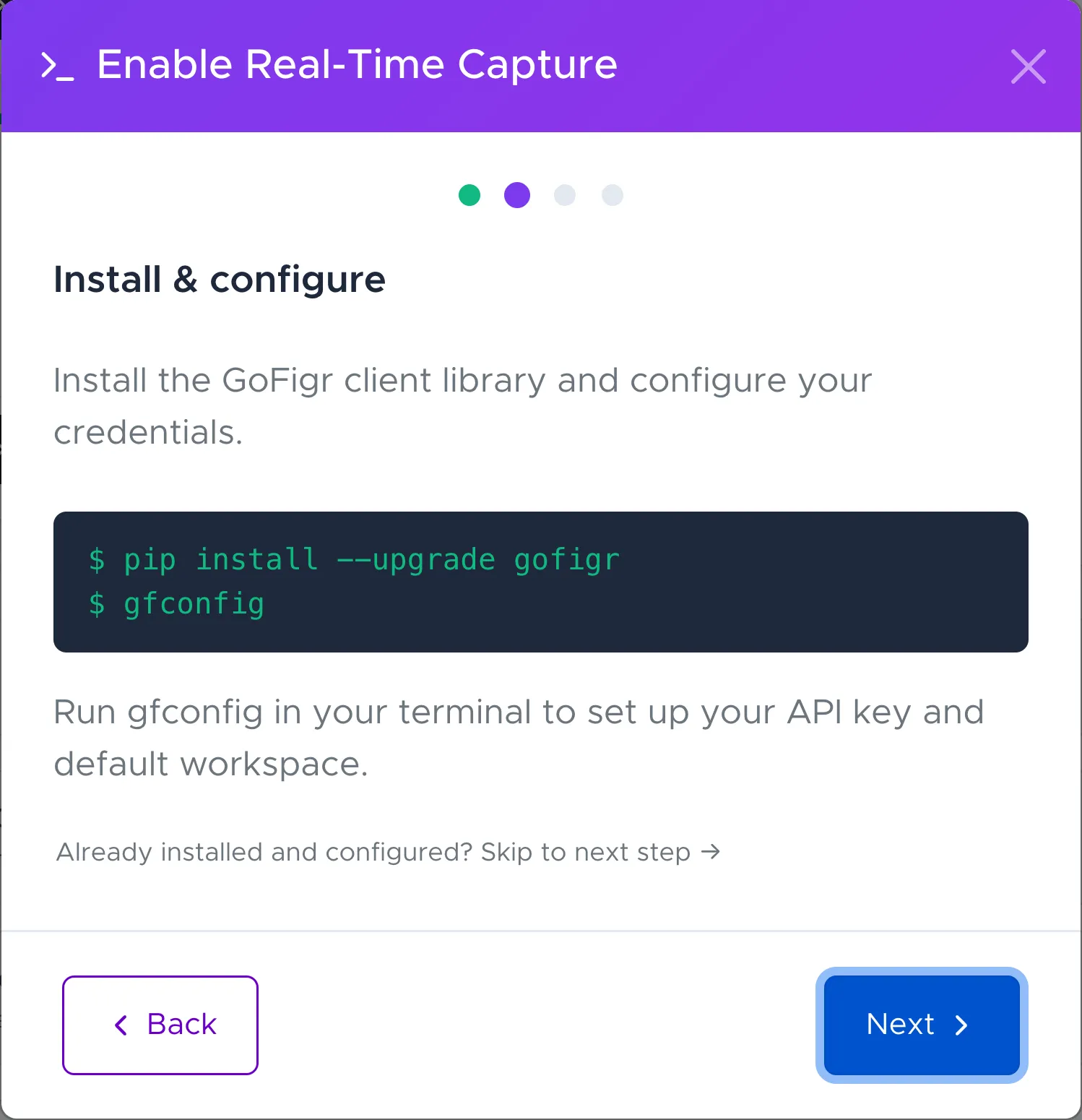 GoFigr setup wizard configuring figure capture in an existing Python environment