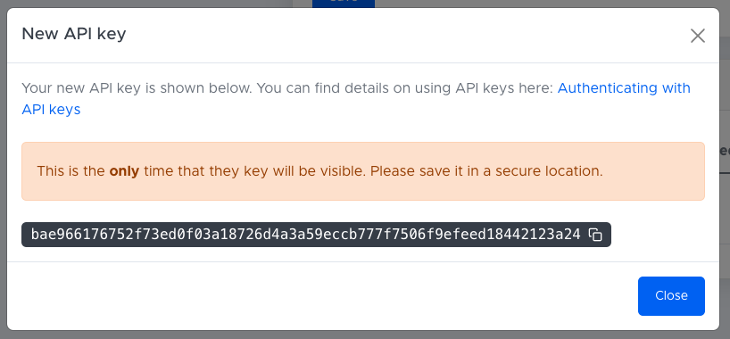 A newly created API key displayed once
