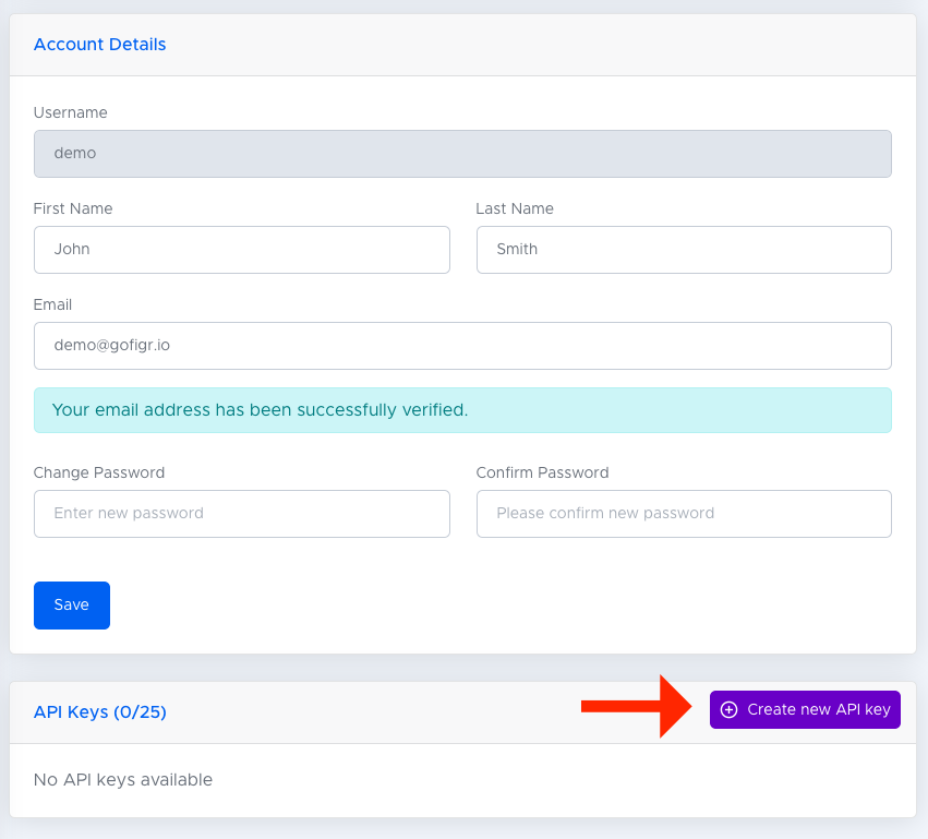 The API Keys section of the account page